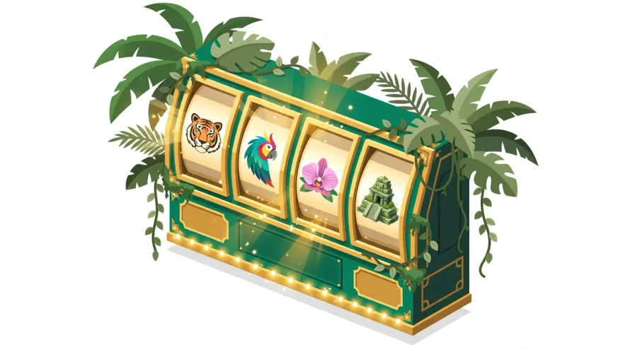 Isometric jungle-themed slot machine reel cabinet with tiger, parrot, and temple symbols
