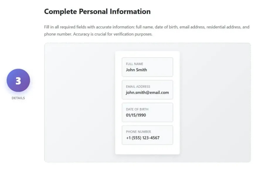 Step 3 infographic: complete personal information during account registration