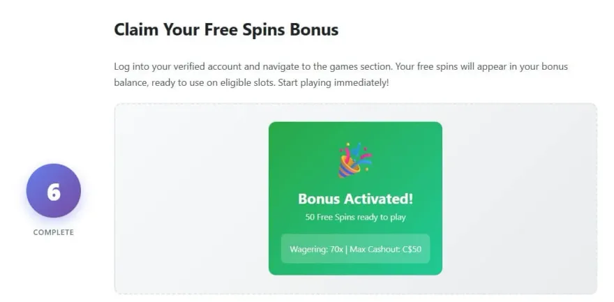 Step 6 infographic: claim the activated free spins bonus balance