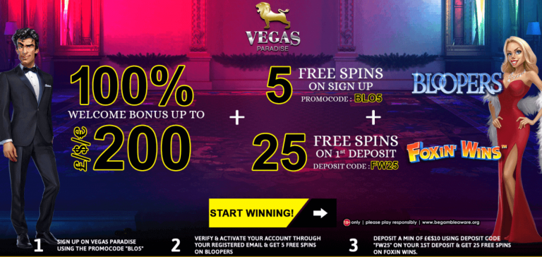 Vegas Paradise Casino offer April-2018: 30 Free spins + 100% Bonuses
