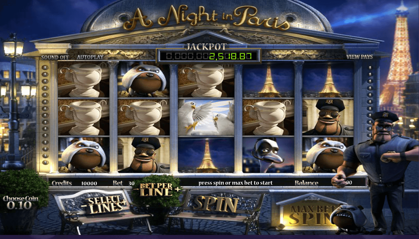 Rules of the A Night In Paris Slot.The Choose Line button is designed in the form of a bench.There are 30 paylines available for each spin.To choose a number of credits you are betting, click on the Plus/Minus icons located alongside the Bet Per Line button.You can place 1 to 5 credits per line.
