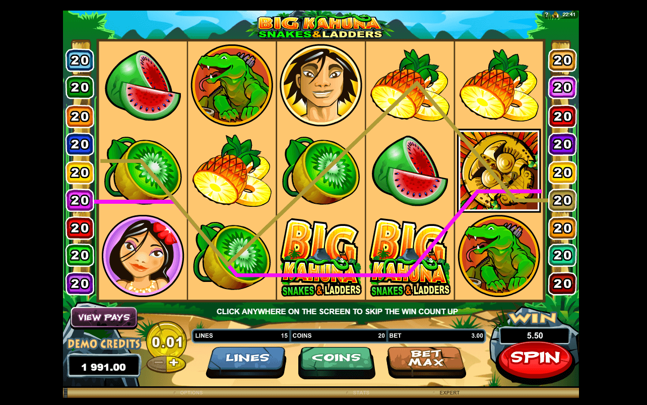 Big Kahuna Snakes and Ladders is a 5 reel, 15 payline video slot that has been released by Microgaming.This video slot offers free spins, multiplies and a bonus game and includes a top payout of $7,! The theme of Big Kahuna Snakes and Ladders is based on life in Hawaii.