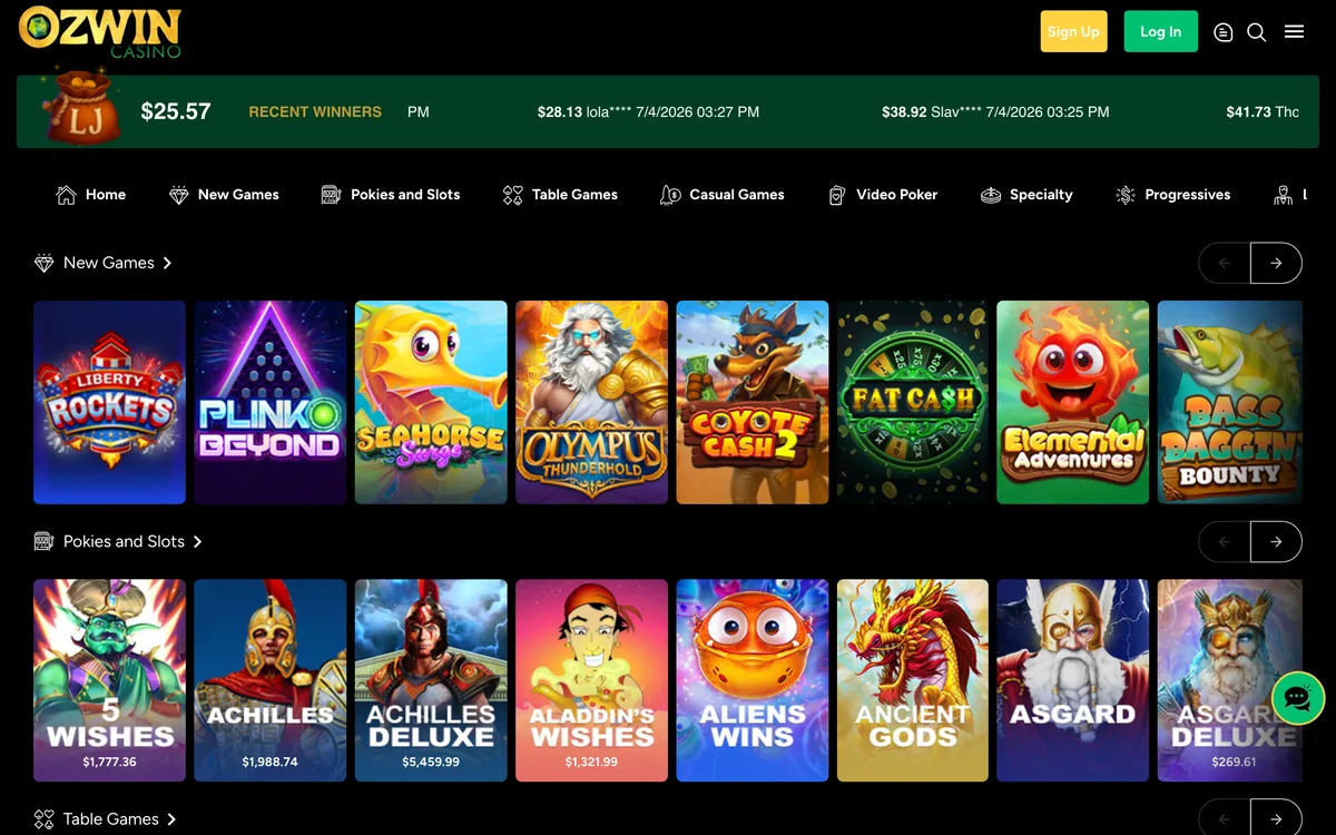 Ozwin Casino games lobby showing game categories and popular titles